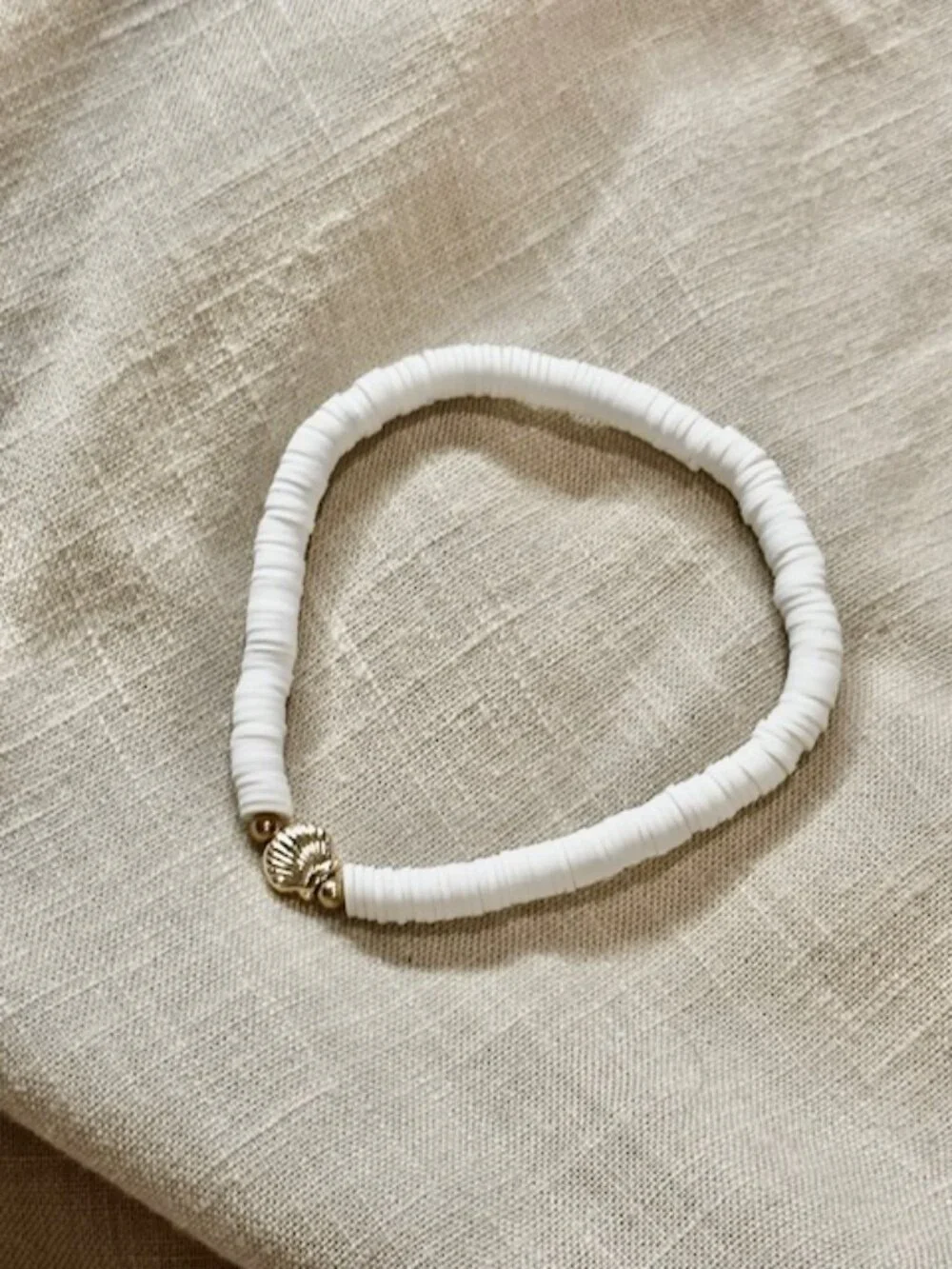Heishi Bead Stretch Bracelet with Seashell Charm Gold Plated Accents White